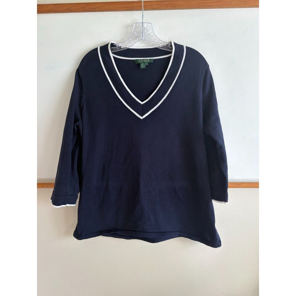Lauren Ralph Lauren Navy Tipped V-Neck Sweater (1X)